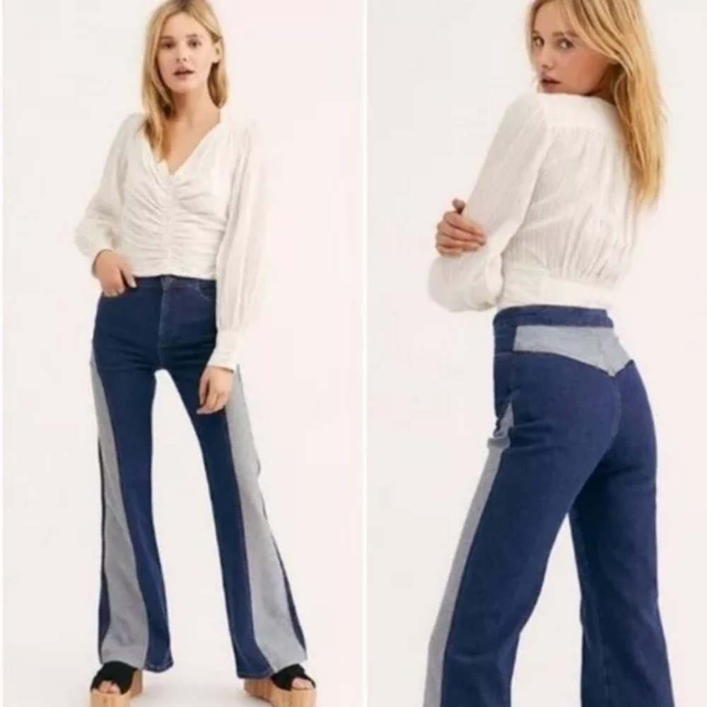 FREE PEOPLE Flip It and Reverse It Jeans High Waist Flare Two Tone Sz 26